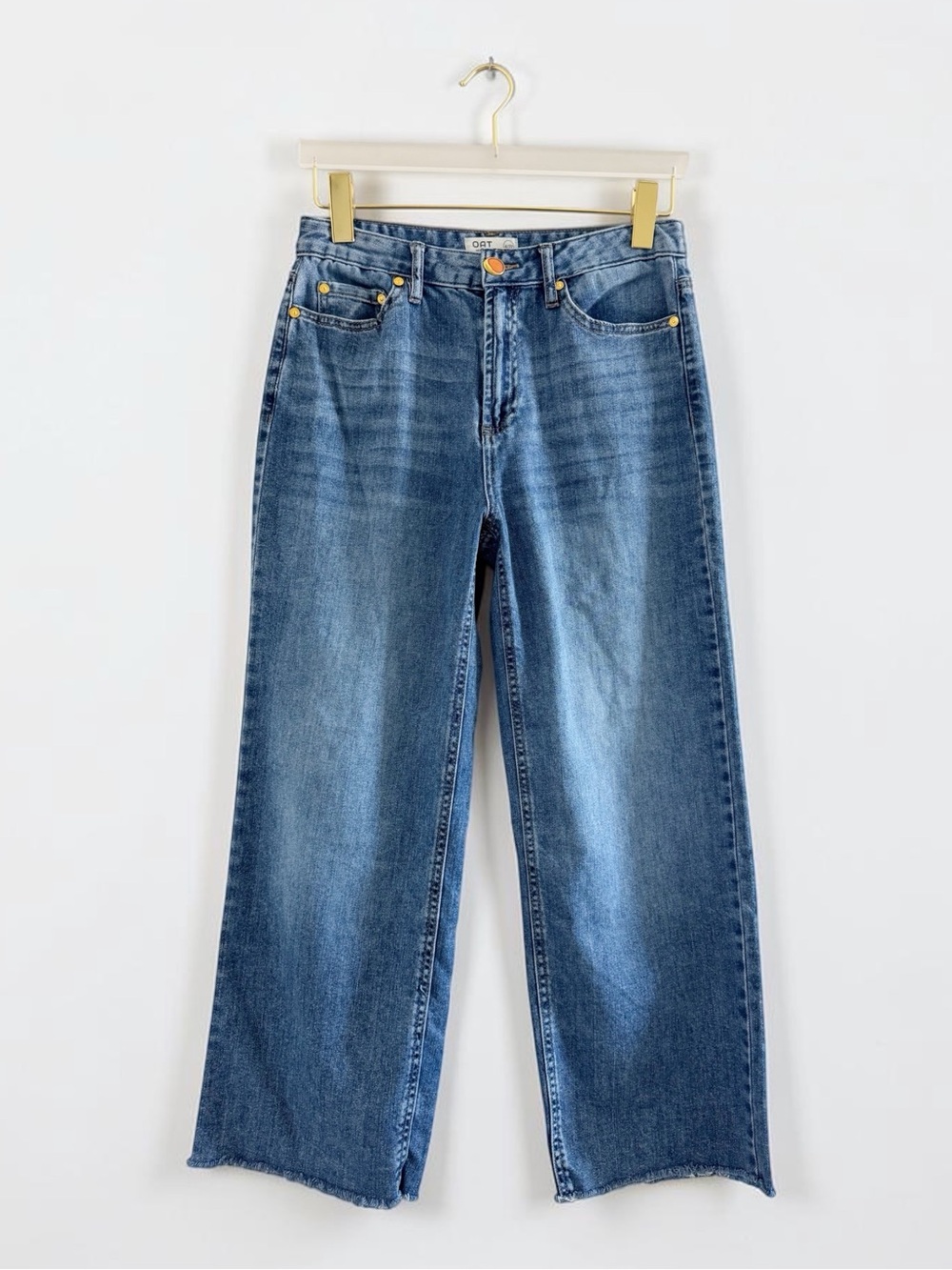 OAT New York Cloud Luxe Denim Blue High Rise Wide Leg Raw Hem Jeans Size 4/27